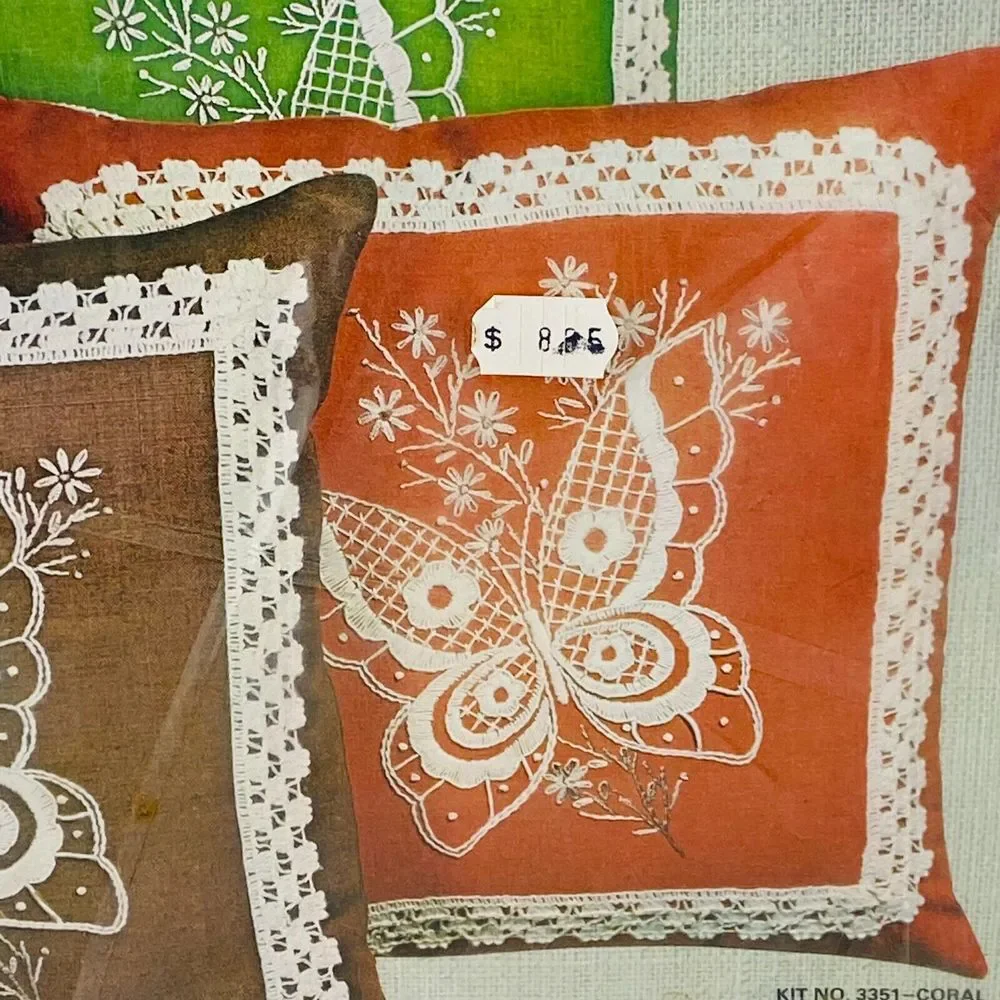 Bucilla Needlecraft 3351 Coral Butterflies &‎ Old Lace Pillow Kit 16